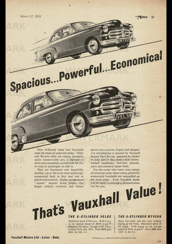 1954 VAUXHALL VELOX & WYVERN SALOONS ENGLISH UK REPRO AD ART PRINT POSTER
