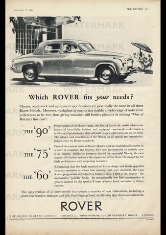1955 P4 ROVER 90 75 & 60 SALOON ENGLISH UK REPRO AD ART PRINT POSTER