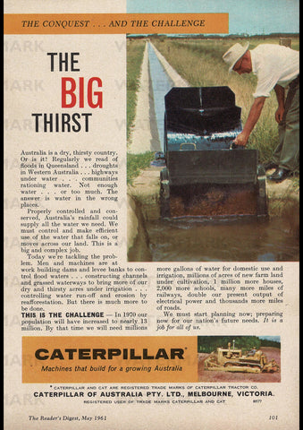 1961 CATERPILLAR THE CONQUEST THE CHALLENGE THE BIG FIRST AUSSIE AD ART PRINT POSTER