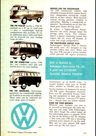 1961 VOLKSWAGEN DELIVERY KOMBI MICRO VANS & PICK-UP AUSSIE AD ART PRINT POSTER