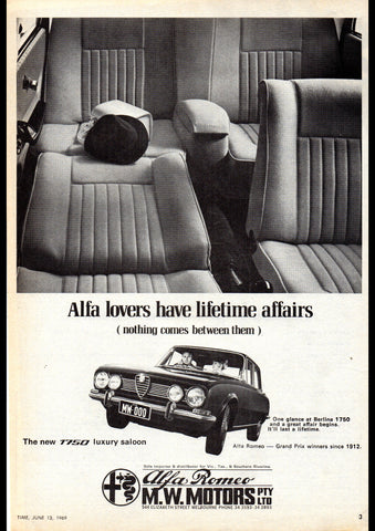 1969 MW MOTORS ALFA ROMEO BERLINA 1750 LUXURY SALOON AUSSIE AD ART PRINT POSTER