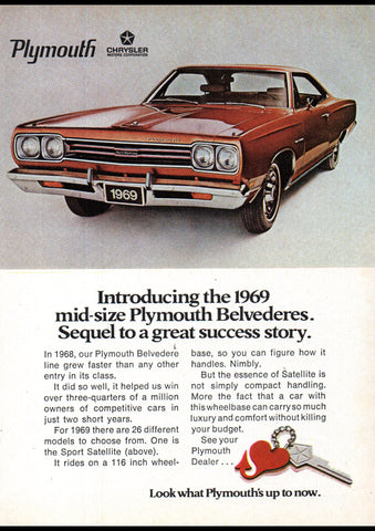 1969 PLYMOUTH BELVEDERE SPORT SATELLITE CHRYSLER USA AD ART PRINT POSTER