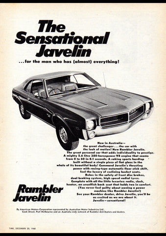 1969 RAMBLER JAVELIN COUPE AMC AMI AUSSIE AD ART PRINT POSTER