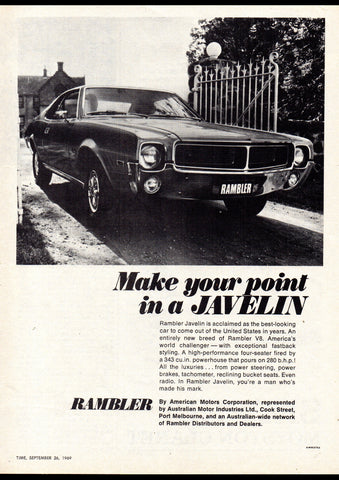 1969 RAMBLER JAVELIN COUPE AMC AMI AUSSIE AD ART PRINT POSTER