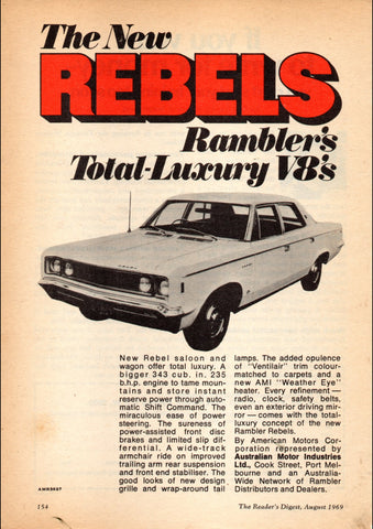 1969 RAMBLER REBEL V8 SEDAN AUSSIE AD ART PRINT POSTER