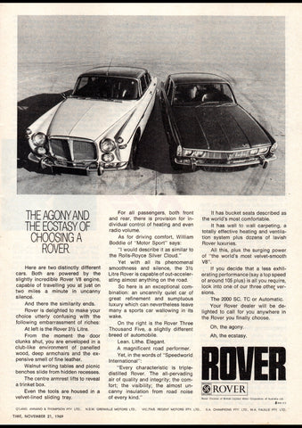 1969 ROVER P5 3.5 LITRE SALOON & P6 3000 AUSSIE AD ART PRINT POSTER