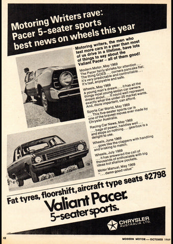 1969 VF CHRYSLER VALIANT PACER 5 SEATER SPORTS AUSSIE AD ART PRINT POSTER