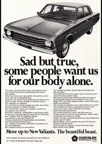 1969 VF CHRYSLER VALIANT REGAL 225 OR 318 V8 AUSSIE AD ART PRINT POSTER