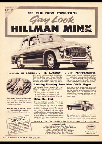 1956 HILLMAN MINX DELUXE "GAY LOOK" AUSSIE REPRO AD ART PRINT POSTER