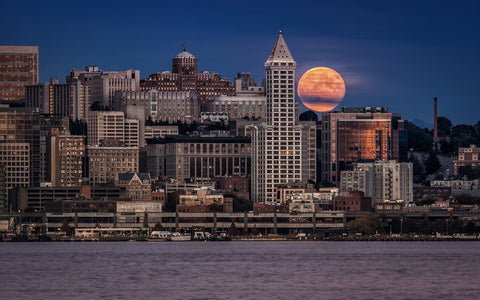 SEATTLE EVENING MOON GICLEE CANVAS ART PRINT POSTER